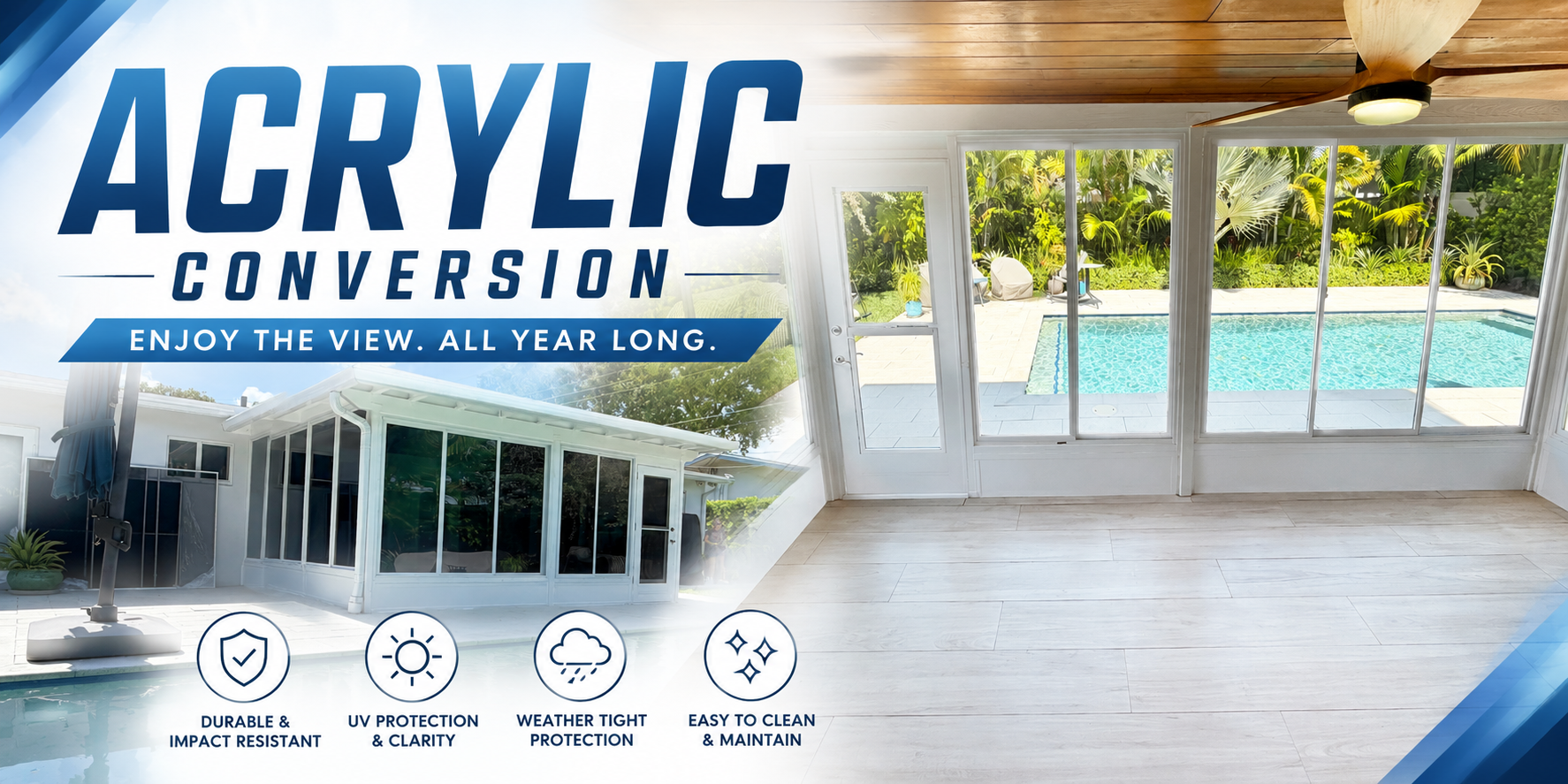 Acrylic conversion illustration showing enclosed patio spaces beside a pool
