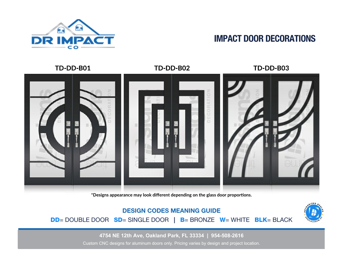 Three decorative double-door designs from the DR Impact Co aluminum door catalog