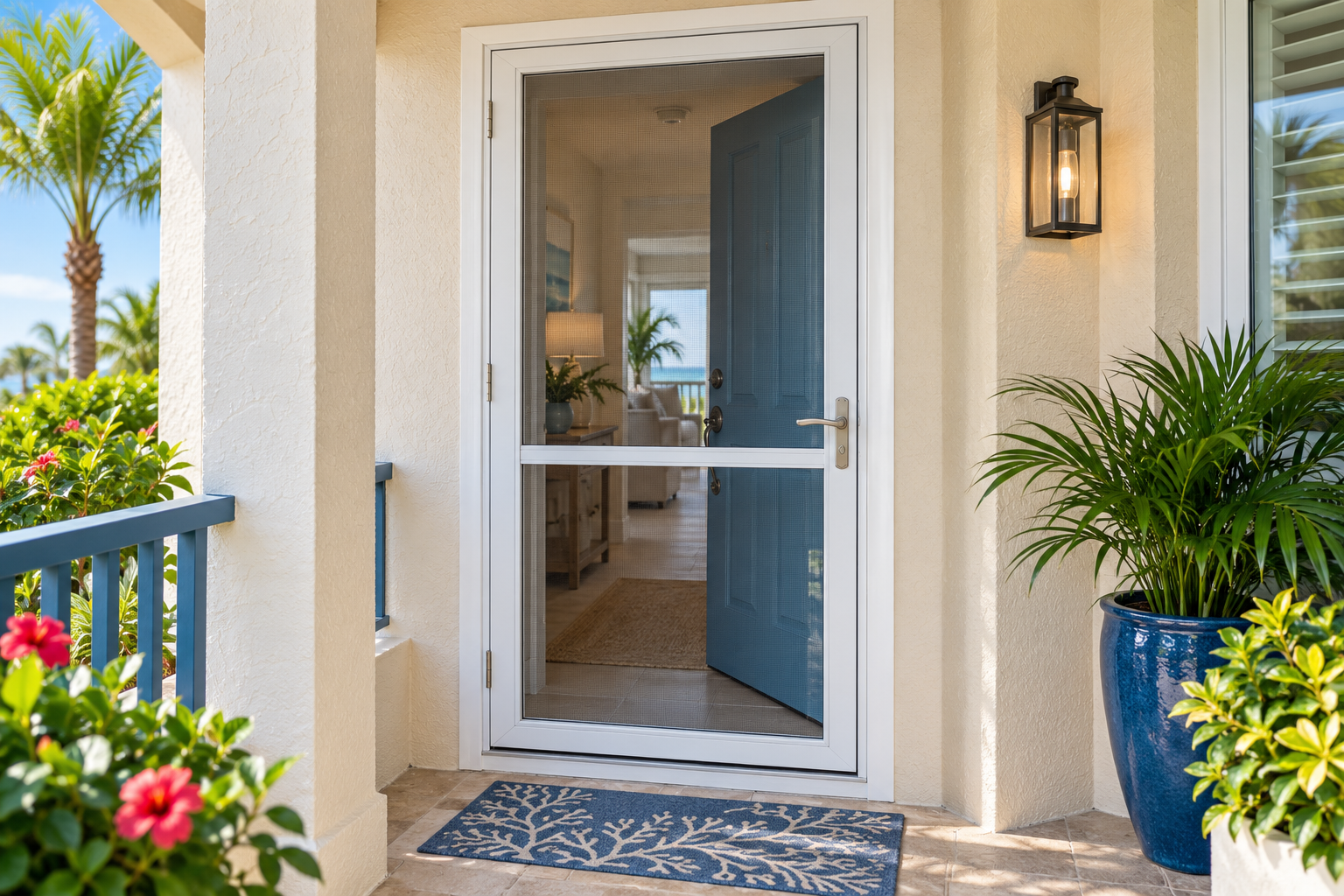 Illustration of a white storm door in front of an open inswing condo entry in South Florida